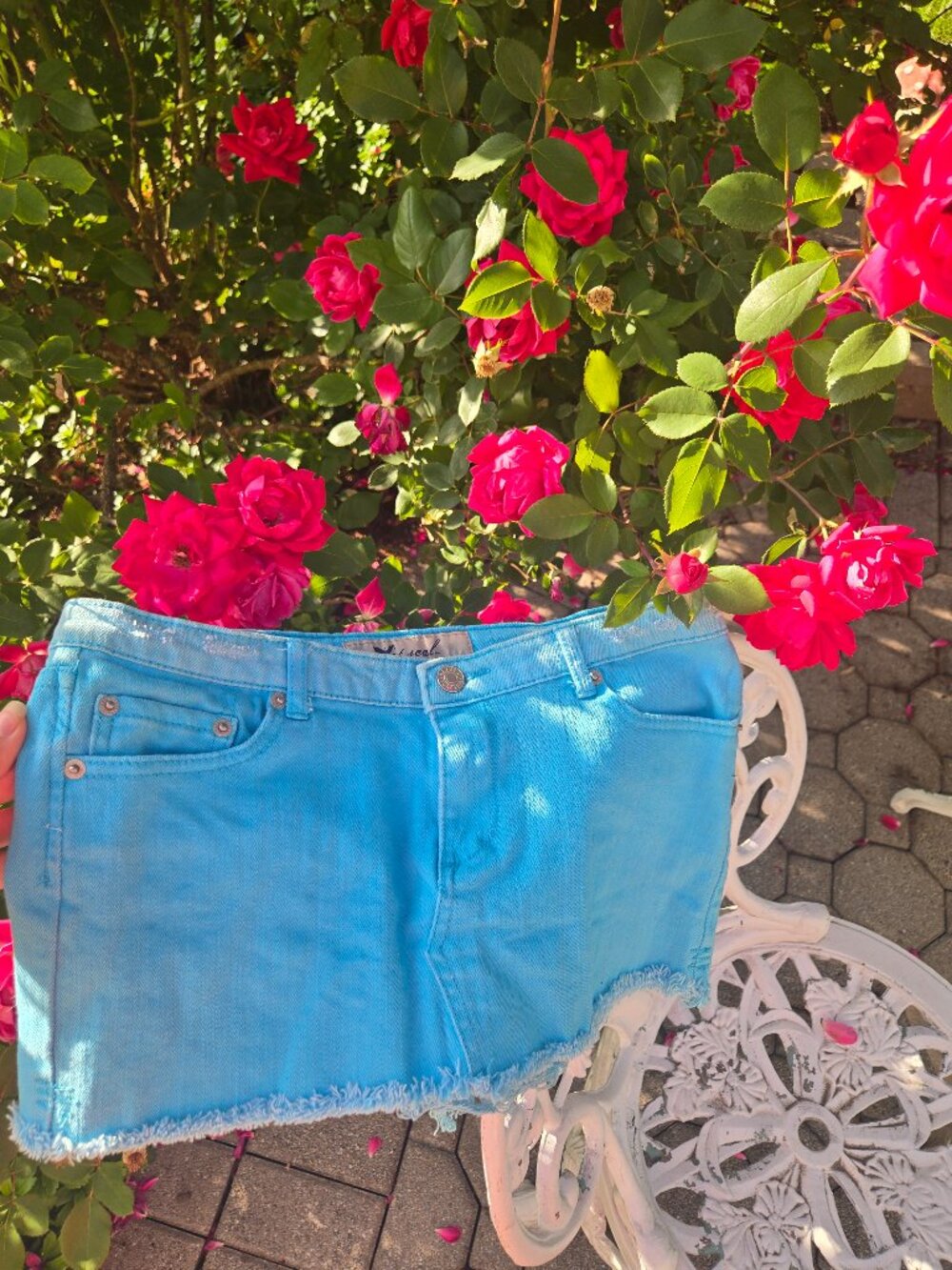 VTG Wet Seal Turquoise Blue Denim Mini Skirt - Y2K Frayed Raw Hem Jean Skirt Sma